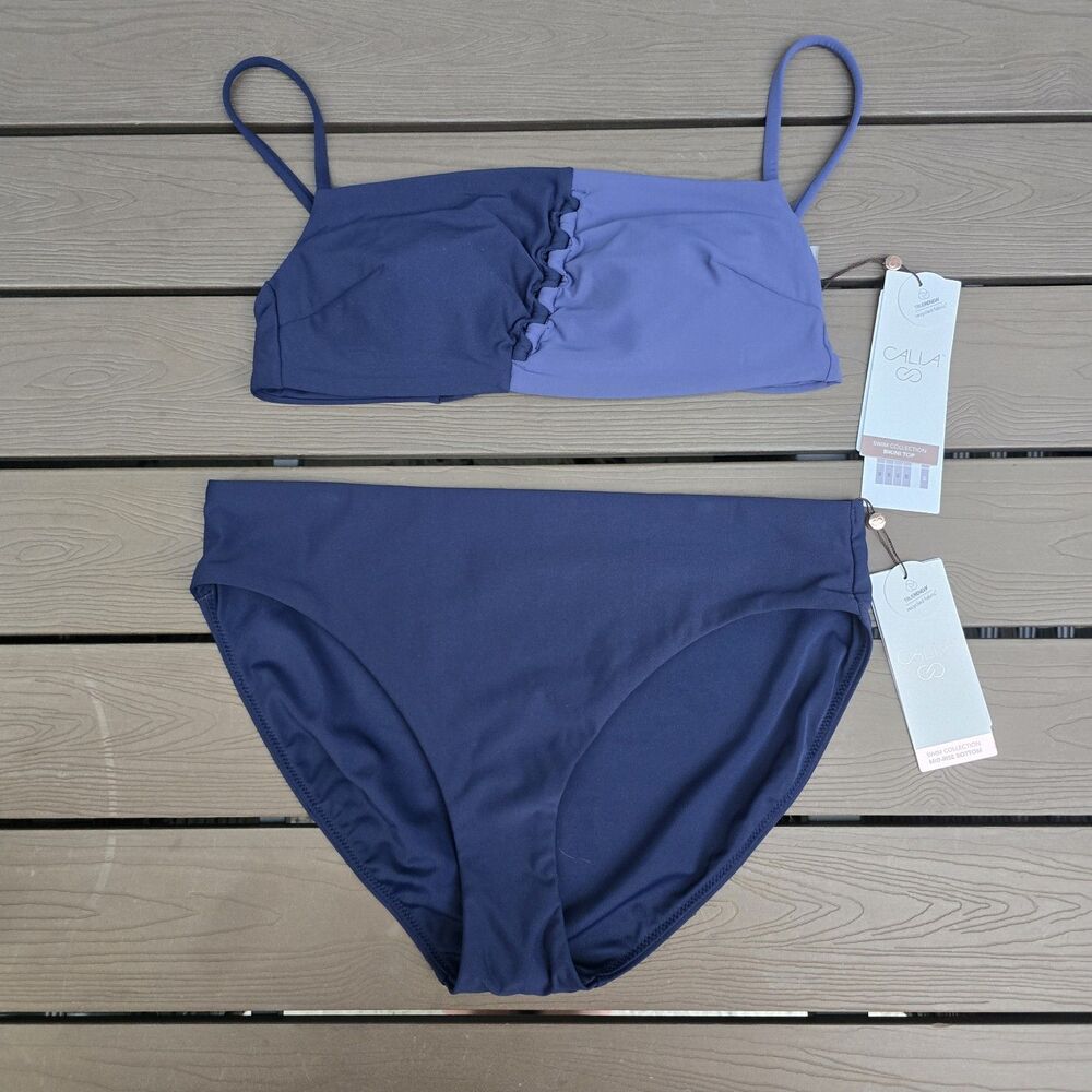 CALIA Women's Storm Haze Looped Front Bikini Top & Blue Mid Rise Bikini Sz S New